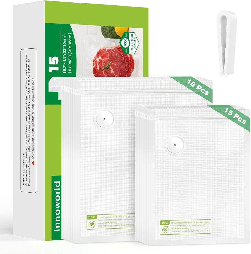 Innoworld أكياس ختم فراغ قابلة لإعادة الاستخدام للطعام، 30 كيس صغير خالي من BPA (8.7 × 11.8 بوصة، 11.8 × 13.8 بوصة) لتخزين الطعام، مناسبة للفريزر، الميكروويف، مقاومة للروائح، مانعة للتسرب، تناسب أجهزة ختم الفراغ المدمجة. - Image 1