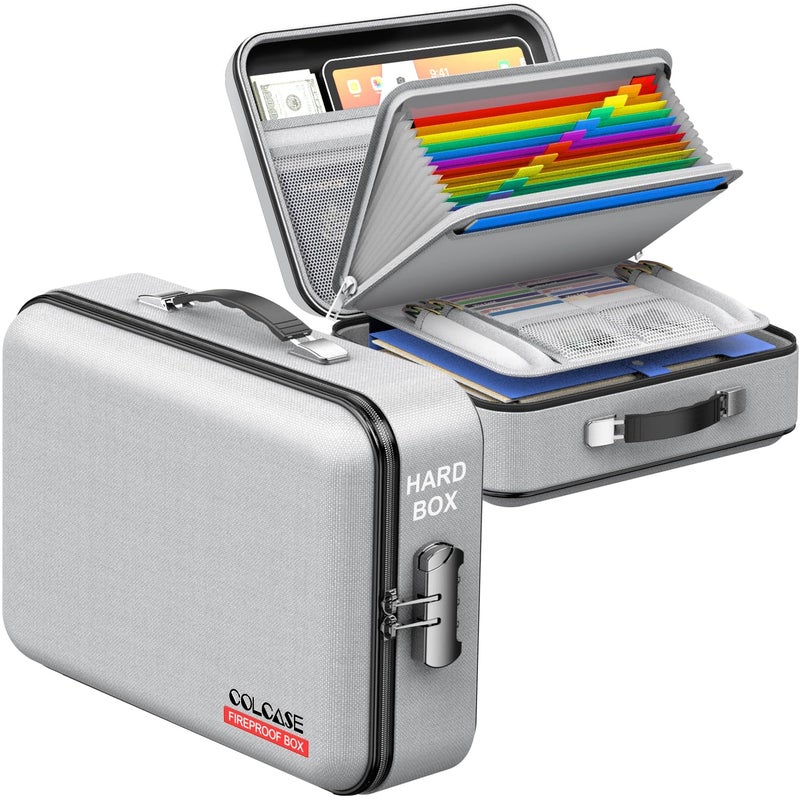 COLCASE Fireproof Document Box Hard Case Fireproof File Organizer with Lock HardShell Design Fireproof Water Resistant Safe Box for Important Documents Certificates Laptop Passports Gray