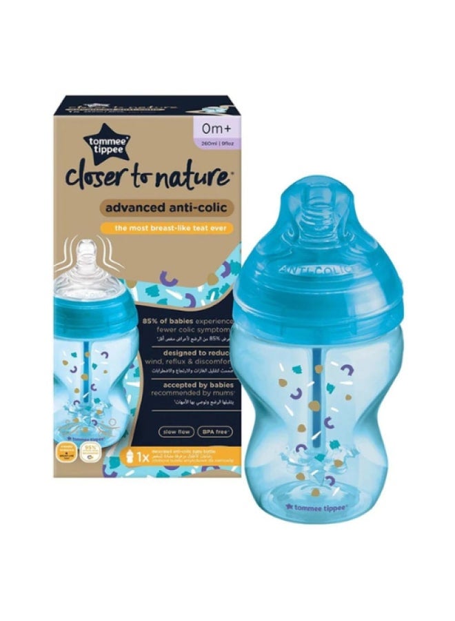 tommee tippee Pack Of 1 Advanced Closer To Nature Anti-Colic Baby Bottle, Slow-Flow Venting System 0 Months+, 260 ml, Assorted - Image 1