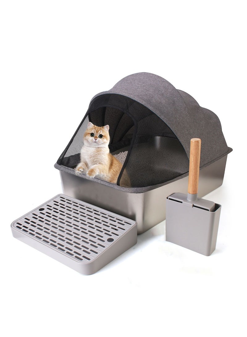 Kidle Closed Stainless Steel Cat Litter Box with Cloth Canopy, Extra Large, Scratch-Resistant, Wear-Resistant and Easy to Clean Pet Stainless Steel Cat Litter Box  - Image 1
