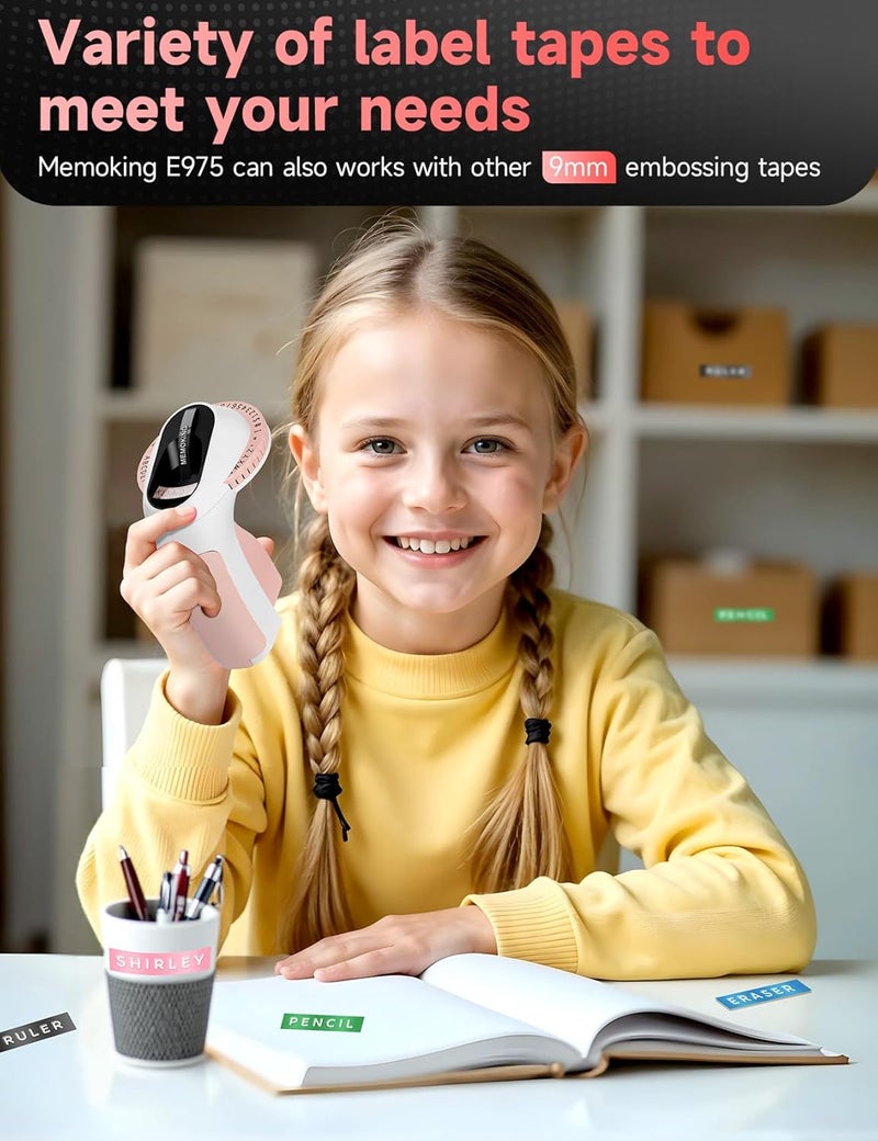 Memoking Embossed Label Maker Machine-E975 3D Embossing Label Makers with 6 Rolls Label Emboss, Handheld Vintage Embosser, Lettering Label Maker Embossing for Home, Kitchen, Gift, Organization (Pink) - Image 4