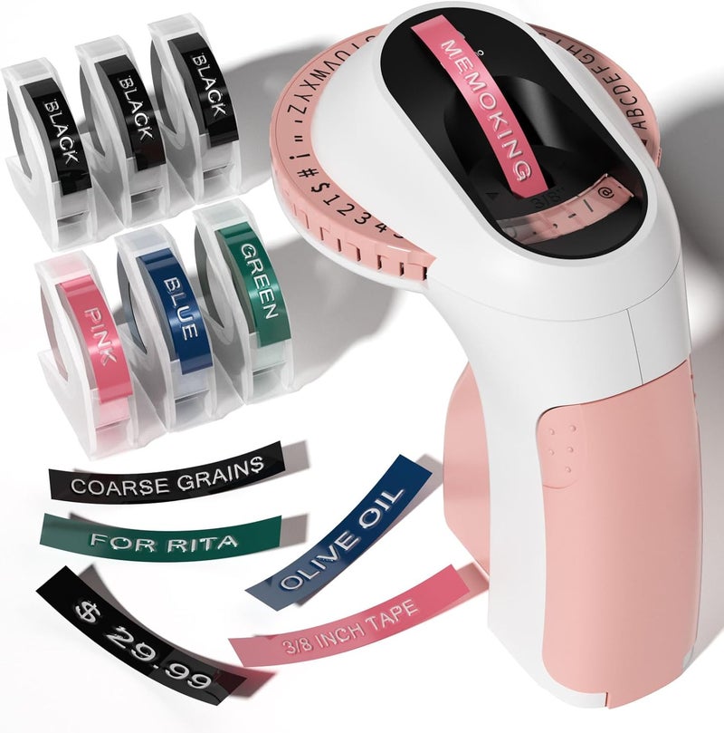 Memoking Embossed Label Maker Machine-E975 3D Embossing Label Makers with 6 Rolls Label Emboss, Handheld Vintage Embosser, Lettering Label Maker Embossing for Home, Kitchen, Gift, Organization (Pink) - Image 1