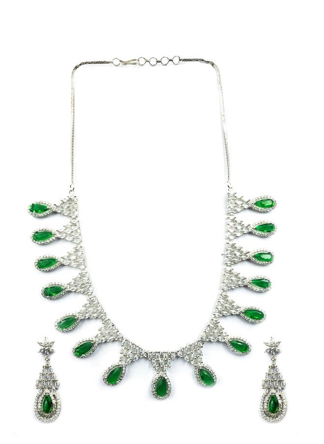 StileAdda Silver-Plated AD & CZ-Studded Necklace and Earrings Set with Green and White Tear-Drop Design - Image 2