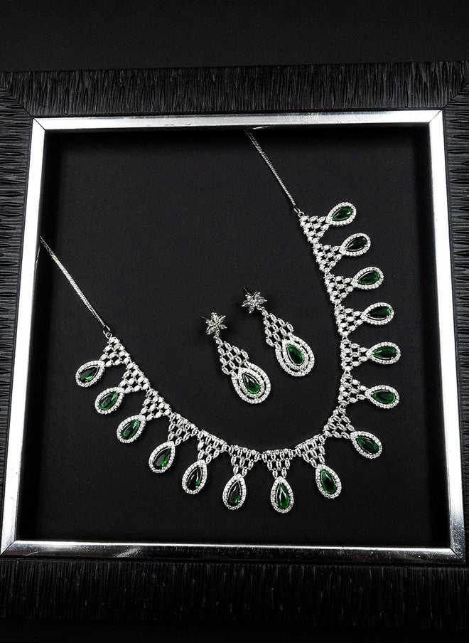 StileAdda Silver-Plated AD & CZ-Studded Necklace and Earrings Set with Green and White Tear-Drop Design - Image 1