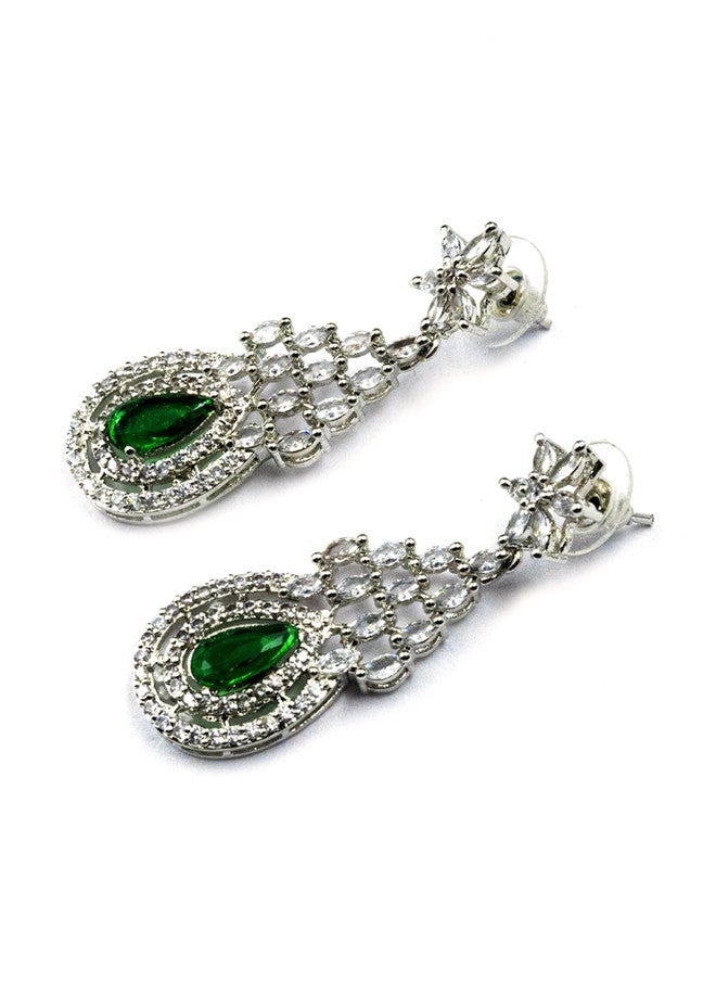 StileAdda Silver-Plated AD & CZ-Studded Necklace and Earrings Set with Green and White Tear-Drop Design - Image 5