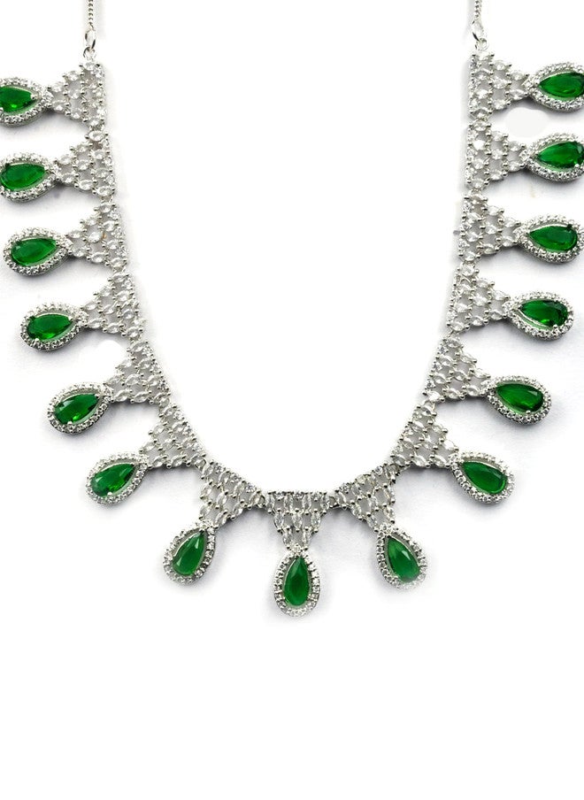 StileAdda Silver-Plated AD & CZ-Studded Necklace and Earrings Set with Green and White Tear-Drop Design - Image 3