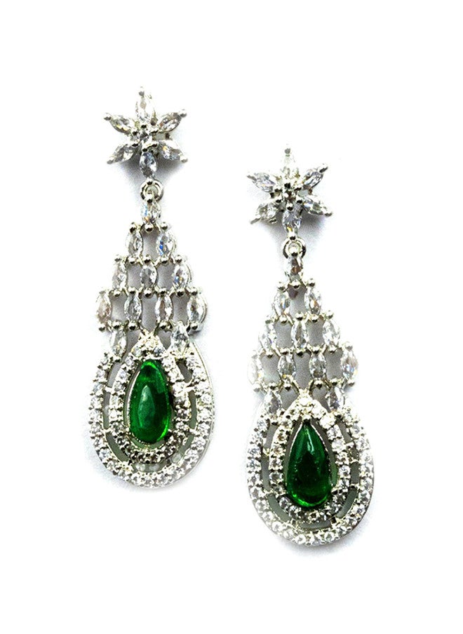 StileAdda Silver-Plated AD & CZ-Studded Necklace and Earrings Set with Green and White Tear-Drop Design - Image 4