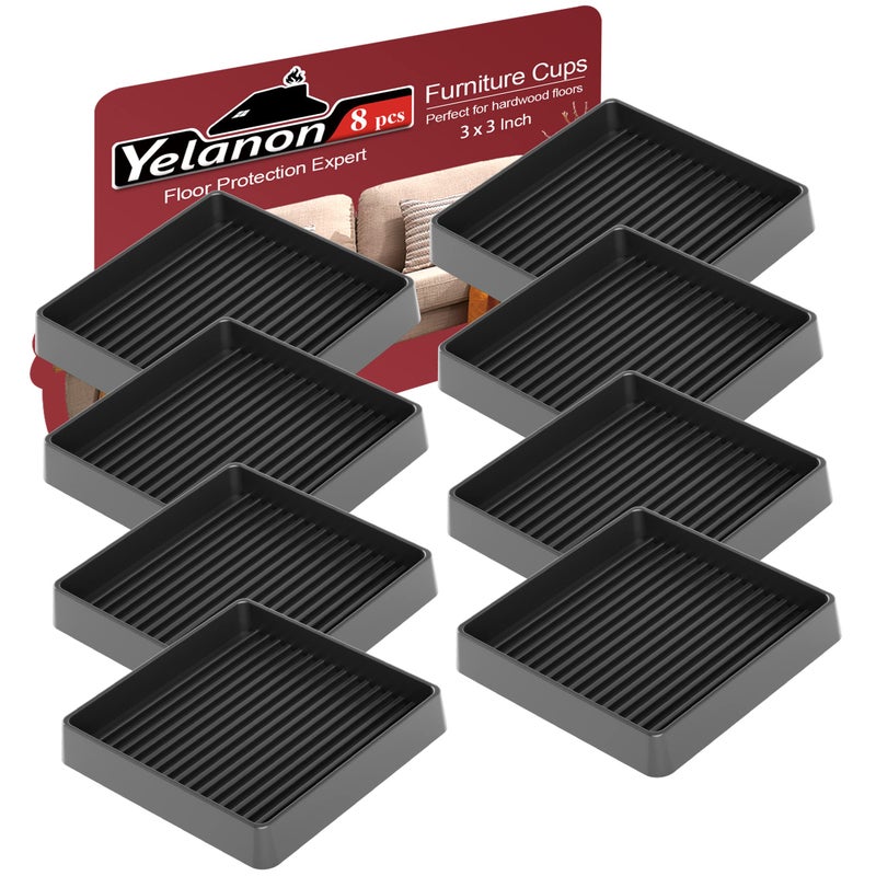 Yelanon Non Slip Furniture Pads for Hardwood Floors -8 Pcs 3â€ Furniture Coasters Cups, Anti Skid Furniture Grippers Rubber Feet, Floor Protectors for Furniture Bed Couch Stoppers Black - Image 1