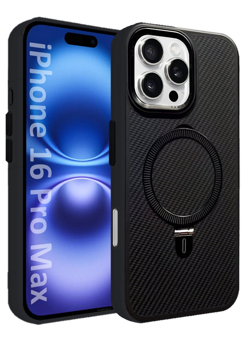 CATANES ( لجهاز آيفون 16 برو ماكس ) غلاف من ألياف الكربون، حامل معدني، متوافق مع ماغسيف - أسود - Image 1