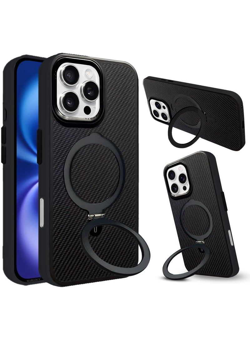 CATANES ( لجهاز آيفون 16 برو ماكس ) غلاف من ألياف الكربون، حامل معدني، متوافق مع ماغسيف - أسود - Image 5