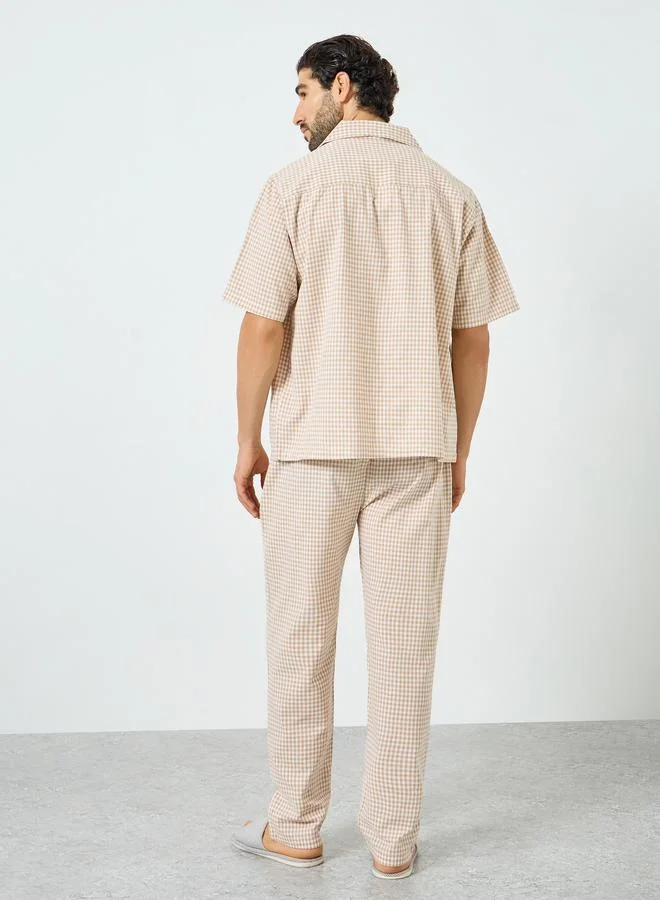 Styli  Men Checkered Relaxed Fit Cotton Shirt and Pyjama Set for Men | Best Price UAE