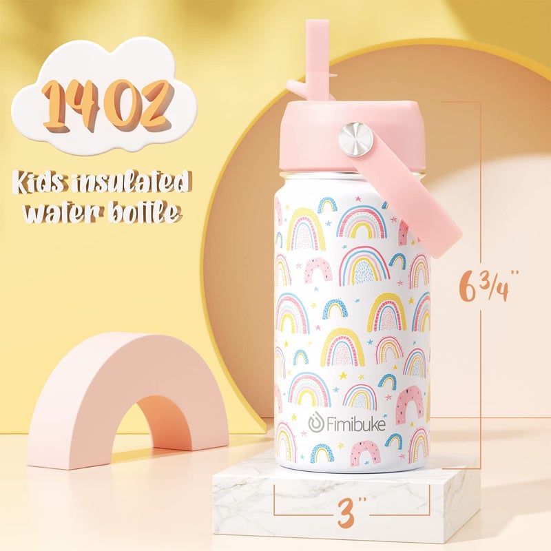 Fimibuke Kids Insulated Water Bottle, 14oz BPA FREE 18/8 Stainless Steel Travel Tumbler Double Wall Vacuum Leak Proof Kids Cup with Straw Metal Water Bottle for School Boys Girls(1 Pack, Rainbow) - Image 2