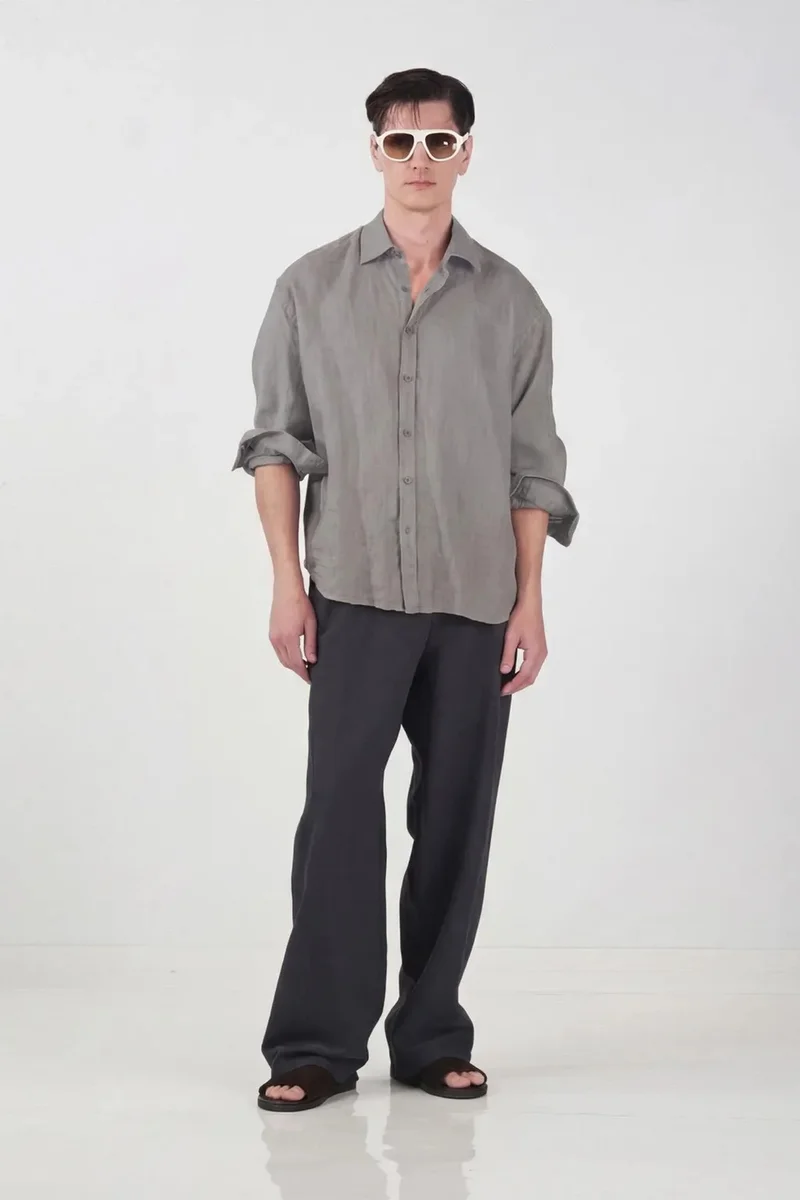 Giesto Slate Grey GIESTO Oversized Linen Blend Long Sleeve Shirt for Men | Best Price UAE