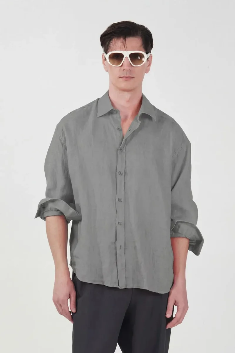 GIESTO Oversized Linen Blend Long Sleeve Shirt