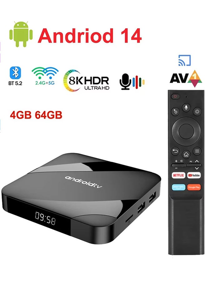 تلفزيون صندوق تلفاز أندرويد 14 بلوتوث 5.2 8K 4GB 64GB S905W2 رباعي النواة 2.4G & 5G واي فاي مزدوج جهاز تحكم عن بُعد بخاصية الصوت مشغل وسائط - Image 1