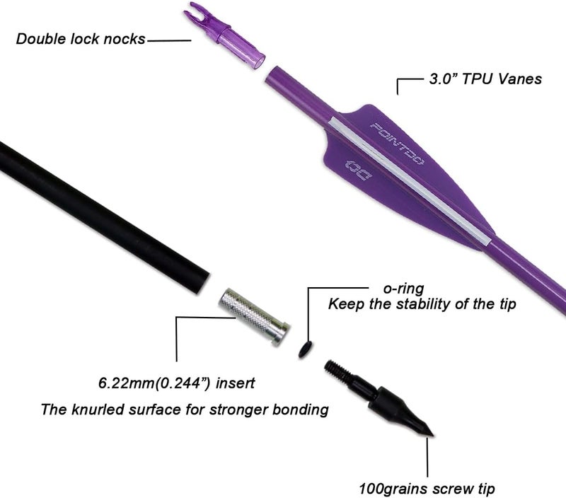 Pointdo 30inch Carbon Arrow Fluorescence Color Targeting and Practice and Hunting Arrows for Compound Bow and Recurve Bow with Removable Tips(Pack of 12) - Image 2