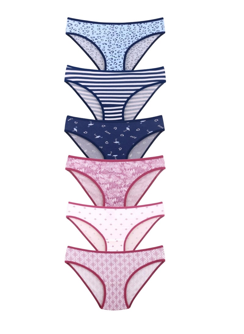 Kalia Pack of 6 Printed Cotton Bikini Panties Underwear for Women  - Image 1