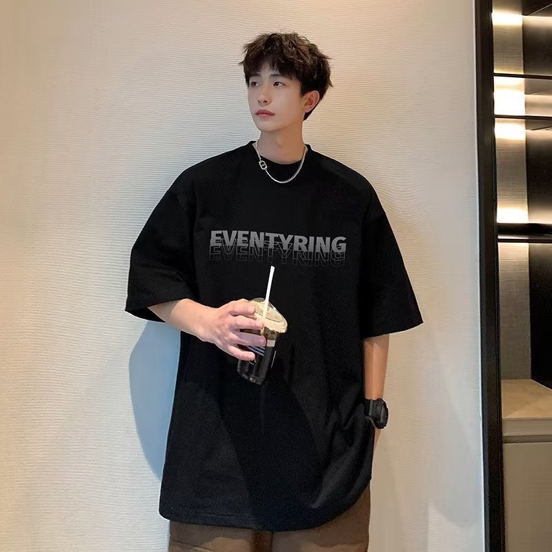 Summer Fashion Casual Small Neckline T-Shirt Men's Fashionable Brand Pure Cotton Short Sleeve oversize American Vintage 5-point Sleeve Fashionable - Image 1