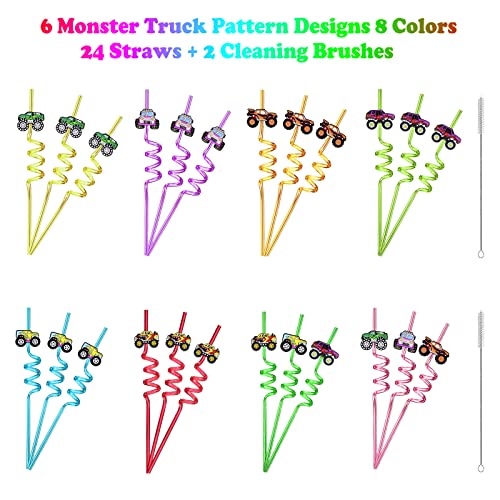 Meaxur 24 Monster Truck Party Car Reusable Styling Straws for Monster Truck Car Birthday Party Supplies with 2 Cleaning Brushes - Image 3