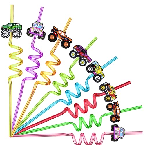 Meaxur 24 Monster Truck Party Car Reusable Styling Straws for Monster Truck Car Birthday Party Supplies with 2 Cleaning Brushes - Image 1