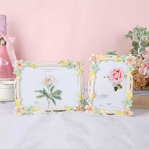 Goutangen 5x7 Picture Frame Enamel Floral Design Metal Photo Frame with HD Glass, Tabletop or Wall Home Art Decoration, Creative Gifts Ideas for Flower Lovers, Horizontall & Verticall - Image 4
