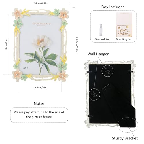 Goutangen 5x7 Picture Frame Enamel Floral Design Metal Photo Frame with HD Glass, Tabletop or Wall Home Art Decoration, Creative Gifts Ideas for Flower Lovers, Horizontall & Verticall - Image 2