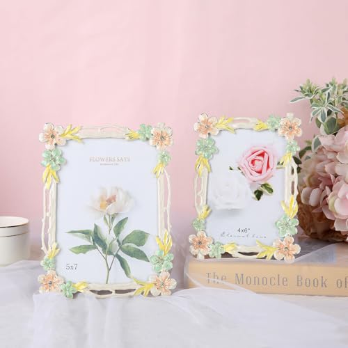 Goutangen 5x7 Picture Frame Enamel Floral Design Metal Photo Frame with HD Glass, Tabletop or Wall Home Art Decoration, Creative Gifts Ideas for Flower Lovers, Horizontall & Verticall - Image 5