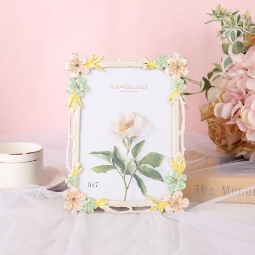 Goutangen 5x7 Picture Frame Enamel Floral Design Metal Photo Frame with HD Glass, Tabletop or Wall Home Art Decoration, Creative Gifts Ideas for Flower Lovers, Horizontall & Verticall - Image 3