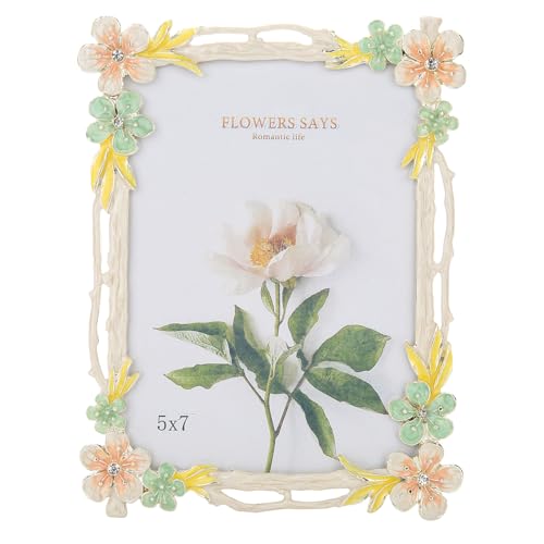 Goutangen 5x7 Picture Frame Enamel Floral Design Metal Photo Frame with HD Glass, Tabletop or Wall Home Art Decoration, Creative Gifts Ideas for Flower Lovers, Horizontall & Verticall - Image 1