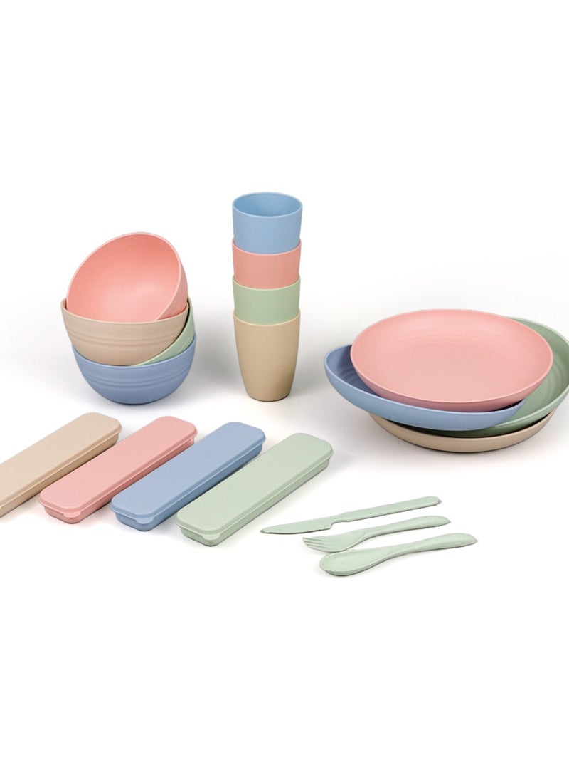 بيرام طقم عشاء مكون من 28 قطعة، إكسسوارات طاولة طعام من قش القمح، منتجات مطبخ صحية، أطباق وأوعية، أدوات مائدة مع علب سفر، آمنة للاستخدام في الميكروويف وخالية من مادة بيسفينول أ، أدوات مائدة للاستخدام اليومي - Image 1