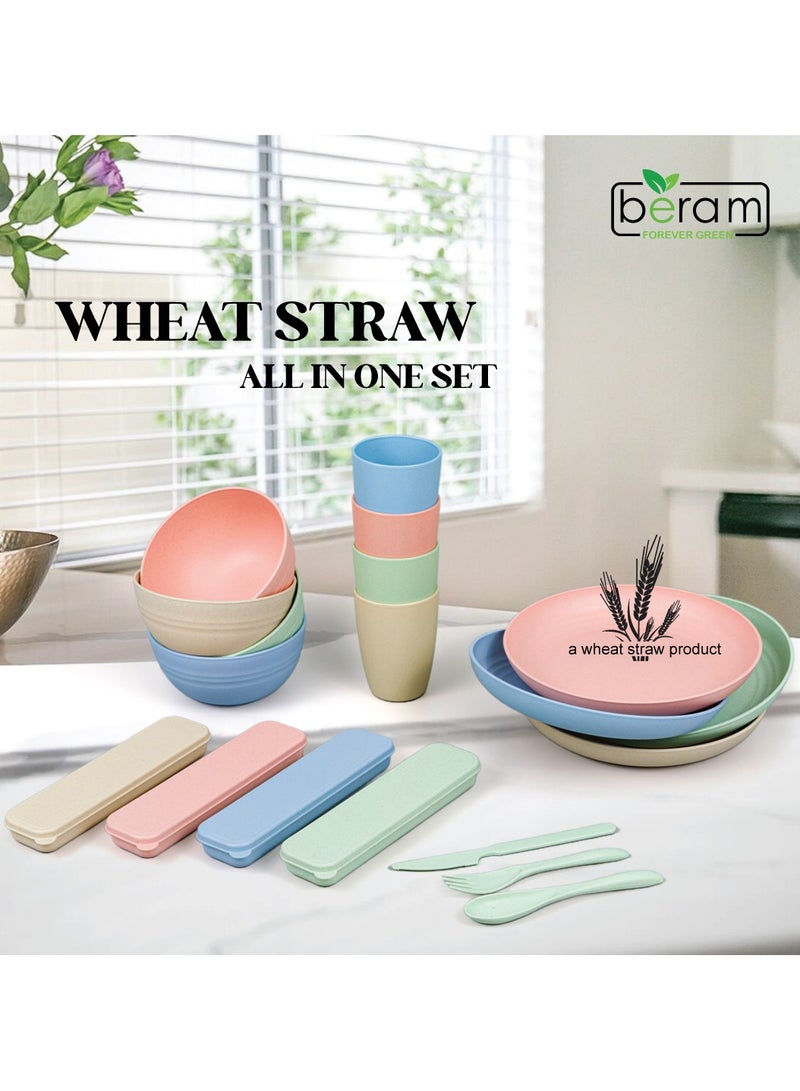 بيرام طقم عشاء مكون من 28 قطعة، إكسسوارات طاولة طعام من قش القمح، منتجات مطبخ صحية، أطباق وأوعية، أدوات مائدة مع علب سفر، آمنة للاستخدام في الميكروويف وخالية من مادة بيسفينول أ، أدوات مائدة للاستخدام اليومي - Image 5