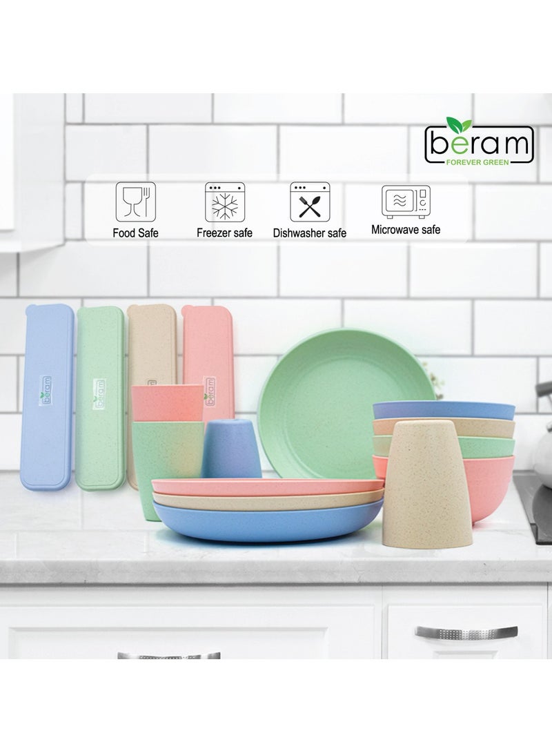 بيرام طقم عشاء مكون من 28 قطعة، إكسسوارات طاولة طعام من قش القمح، منتجات مطبخ صحية، أطباق وأوعية، أدوات مائدة مع علب سفر، آمنة للاستخدام في الميكروويف وخالية من مادة بيسفينول أ، أدوات مائدة للاستخدام اليومي - Image 3