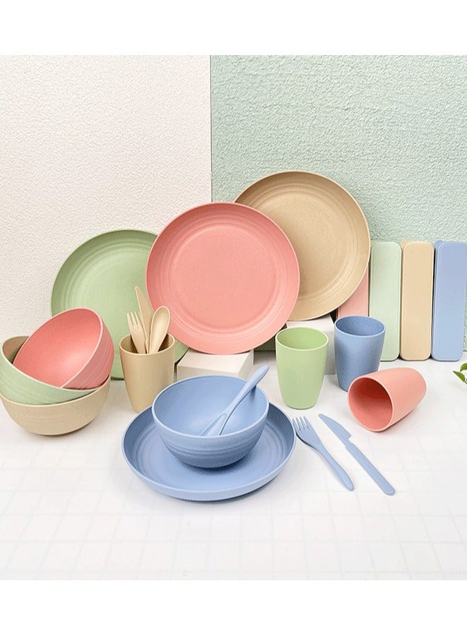 بيرام طقم عشاء مكون من 28 قطعة، إكسسوارات طاولة طعام من قش القمح، منتجات مطبخ صحية، أطباق وأوعية، أدوات مائدة مع علب سفر، آمنة للاستخدام في الميكروويف وخالية من مادة بيسفينول أ، أدوات مائدة للاستخدام اليومي - Image 2