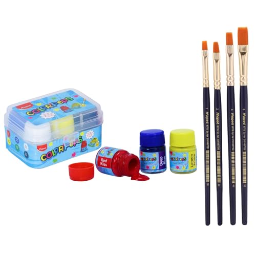 Maped Painting Kit- 6 Shade Poster Colors + 4 Wooden Handle Brushes-Flat|Soft & Smooth Textured Poster Colors|Vibrant & Rich Shades Makes Painting Realistic|Soft Movement Bristles|Safe & Non-Toxic - Image 1
