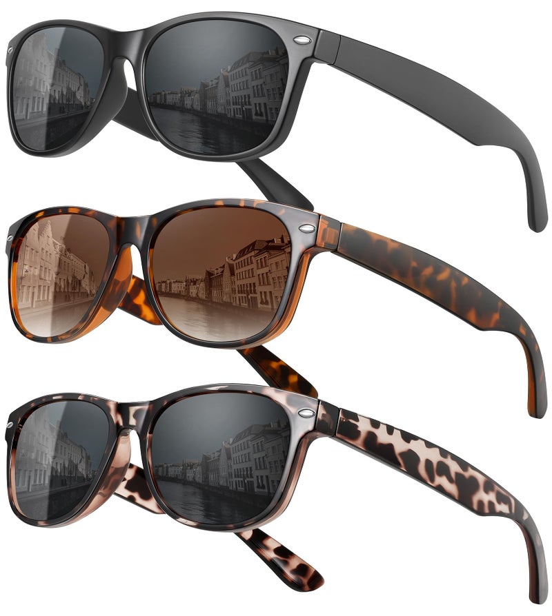 MEETSUN Classic Polarized Sunglasses for Women Men Trendy Retro Vintage Sun Glasses for Driving UV Protection 3 Pack Black Grey Leopard Brown - Image 1
