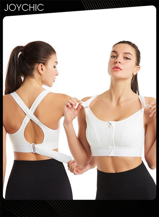 Joychic Adjustable Front Zipper Sports Bra Shockproof No Rims Breathable and Comfort Vest Yoga Cross Back Beauty Bra with Magic Belt Design for Women Girls Running Fitness White  - Image 1