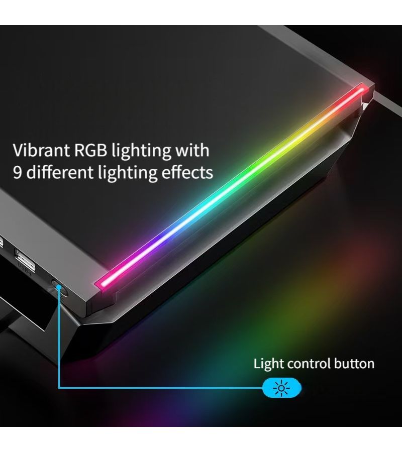 T1 حامل شاشة أسود مع 4 منافذ USB، إضاءة RGB، درج، وحامل هاتف - Image 1