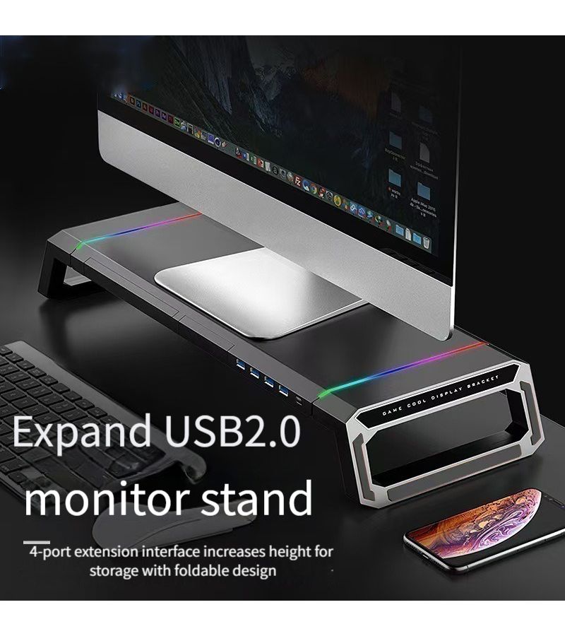 T1 حامل شاشة أسود مع 4 منافذ USB، إضاءة RGB، درج، وحامل هاتف - Image 3