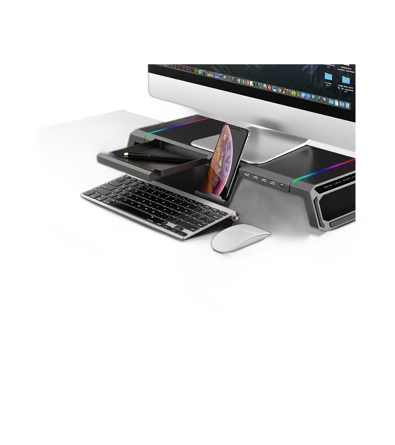 T1 حامل شاشة أسود مع 4 منافذ USB، إضاءة RGB، درج، وحامل هاتف - Image 4