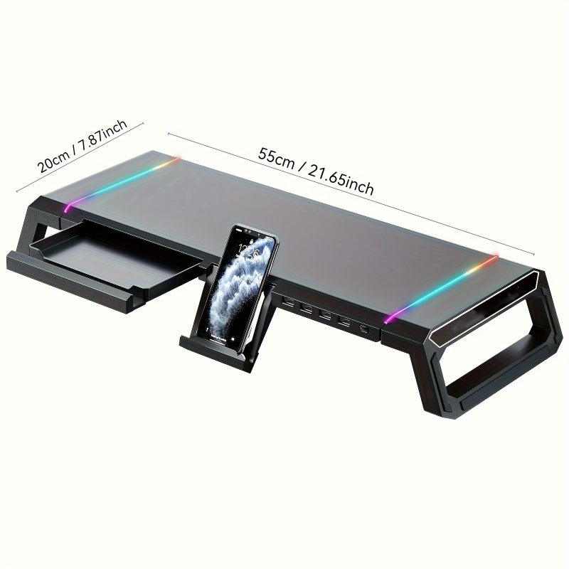 T1 حامل شاشة أسود مع 4 منافذ USB، إضاءة RGB، درج، وحامل هاتف - Image 2