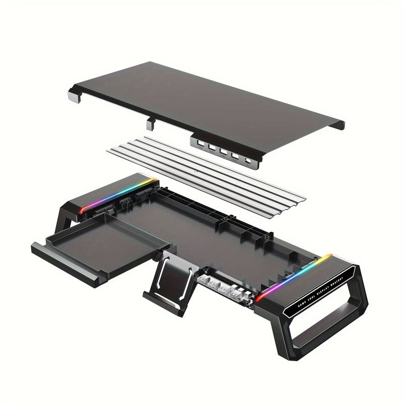 T1 حامل شاشة أسود مع 4 منافذ USB، إضاءة RGB، درج، وحامل هاتف - Image 5