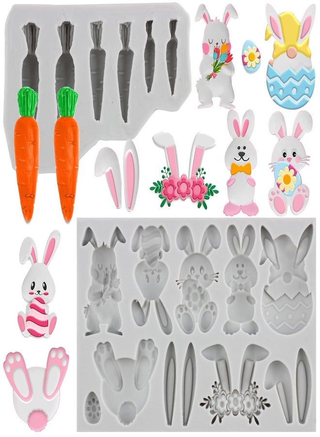 MINFEIDMS Easter Fondant Molds Cute Bunny Pattern 3D Silicone Moulds Assorted Rabbit Carrots Flowers Molds Easter Cupcake Cookie Baking Decorating Moulds For Candy Chocolate Gum Paste Set Of 2 - Image 1