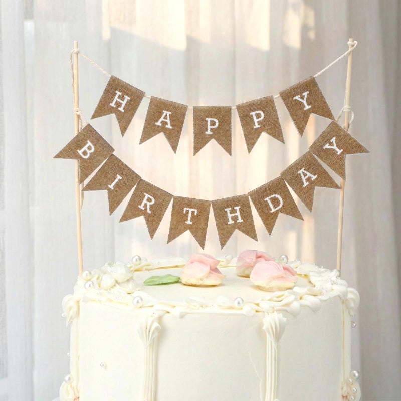 Tegeme Happy Birthday Cake Topper Burlap Cake Bunting Topper with Wood Pole Handmade Pennant Flags for Birthday, Bridal Party Decoration - Image 1