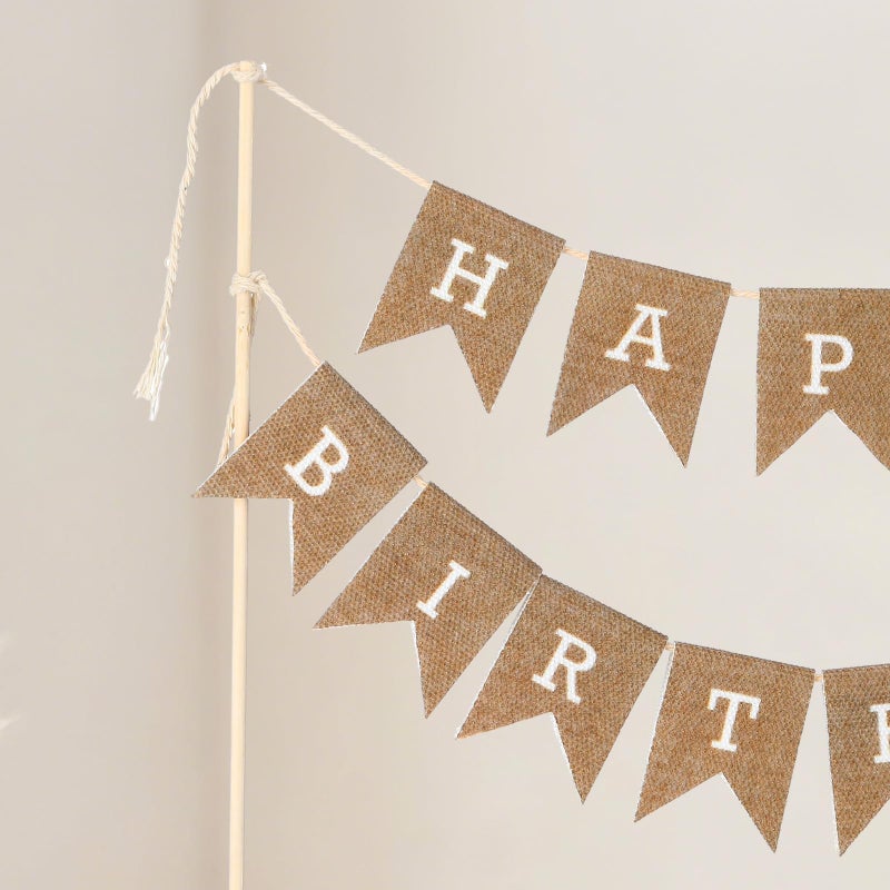 Tegeme Happy Birthday Cake Topper Burlap Cake Bunting Topper with Wood Pole Handmade Pennant Flags for Birthday, Bridal Party Decoration - Image 4