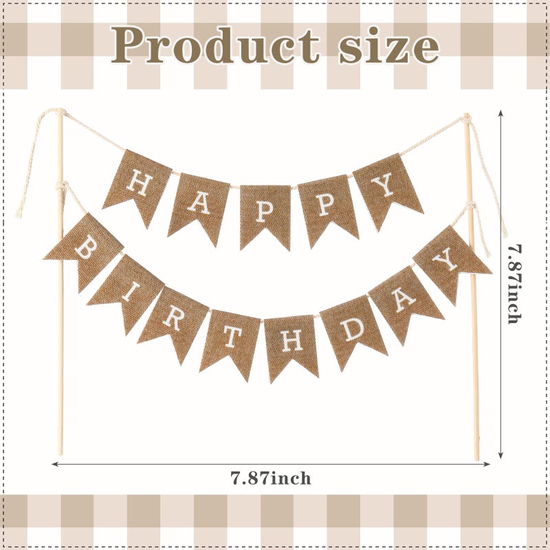 Tegeme Happy Birthday Cake Topper Burlap Cake Bunting Topper with Wood Pole Handmade Pennant Flags for Birthday, Bridal Party Decoration - Image 2