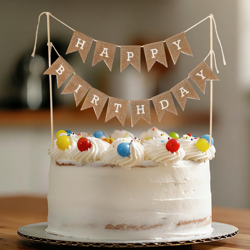 Tegeme Happy Birthday Cake Topper Burlap Cake Bunting Topper with Wood Pole Handmade Pennant Flags for Birthday, Bridal Party Decoration - Image 5