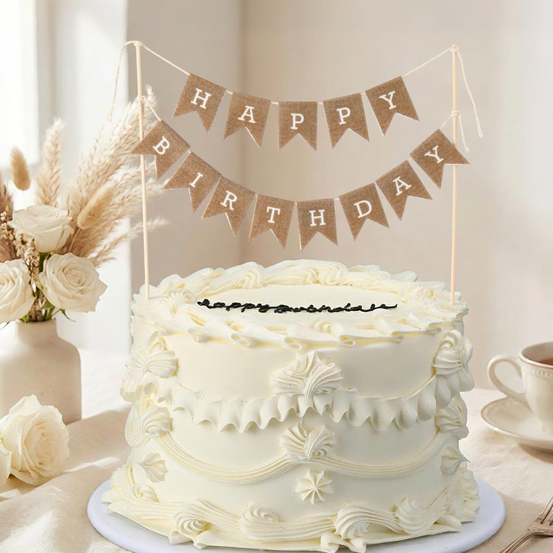 Tegeme Happy Birthday Cake Topper Burlap Cake Bunting Topper with Wood Pole Handmade Pennant Flags for Birthday, Bridal Party Decoration - Image 3