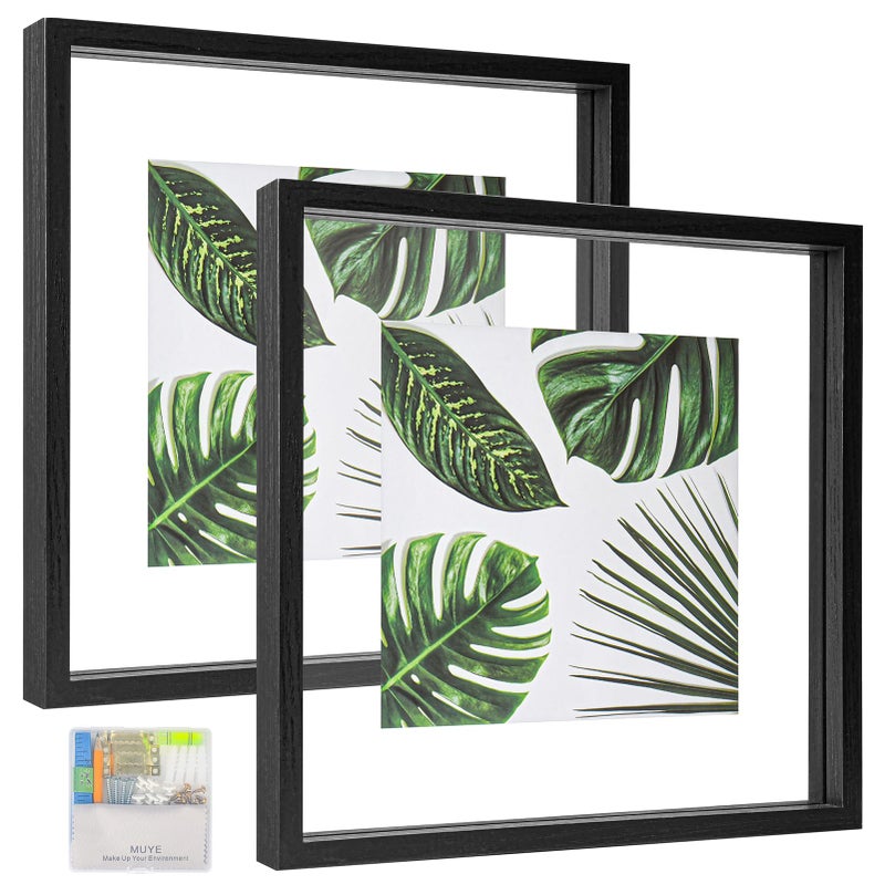 مجموعة إطارات عائمة MUYE 12x12 من 2 إطار زجاجي مزدوج لعرض أي صورة بحجم يصل إلى 12x12 تثبيت على الحائط أو وضعها على الطاولة باللون الأسود