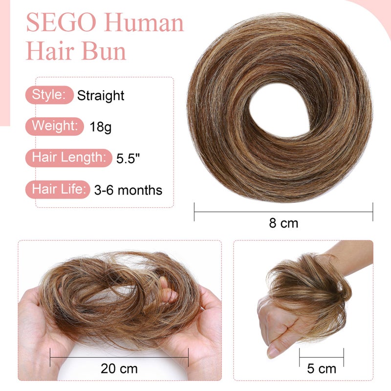 SEGO Human Hair Messy Bun Hairpieces Real Scrunchies Natural Wavy Smoothed Updo Donut Chignon Ponytail Extensions for Women Girls-#4P27 Medium Brown&Dark Blonde - Image 3