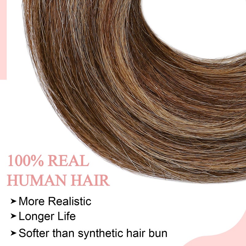SEGO Human Hair Messy Bun Hairpieces Real Scrunchies Natural Wavy Smoothed Updo Donut Chignon Ponytail Extensions for Women Girls-#4P27 Medium Brown&Dark Blonde - Image 2